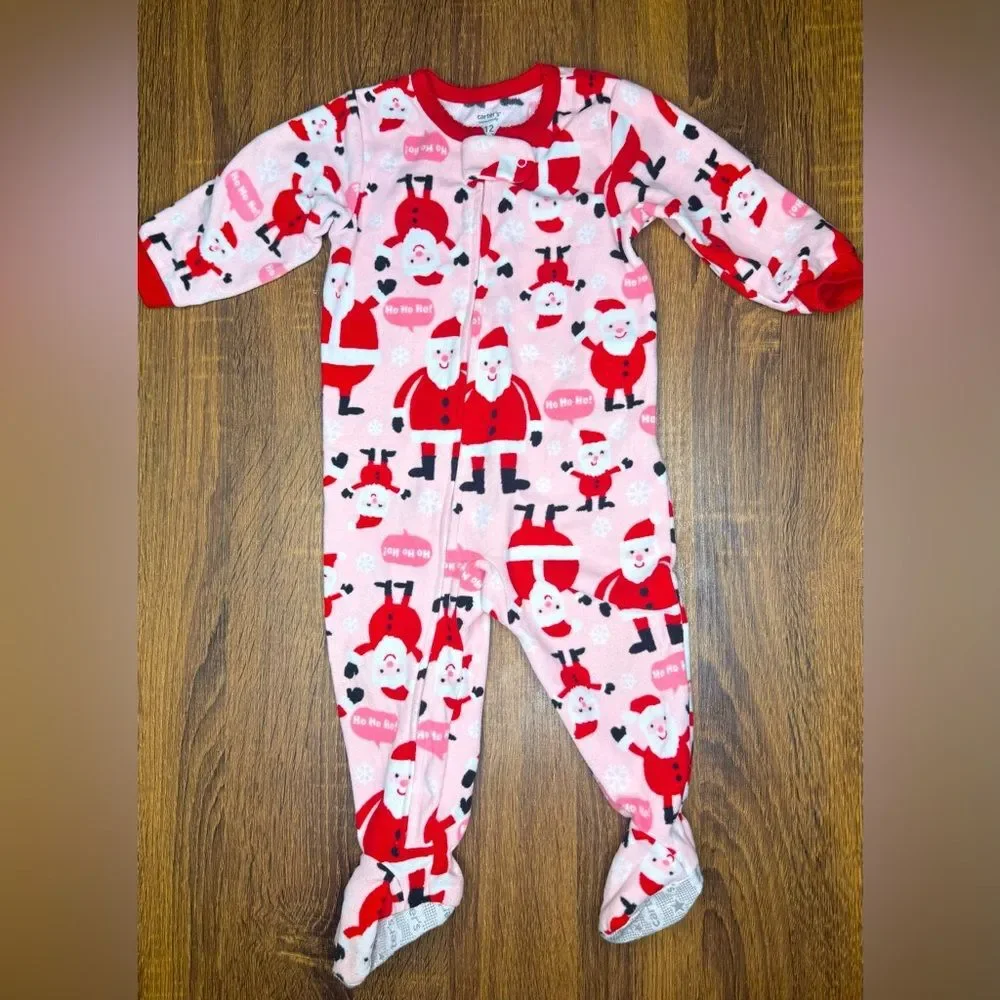 Carter’s Pink Red Santa Christmas Footed Fleece footie pajamas pjs 9-12 months